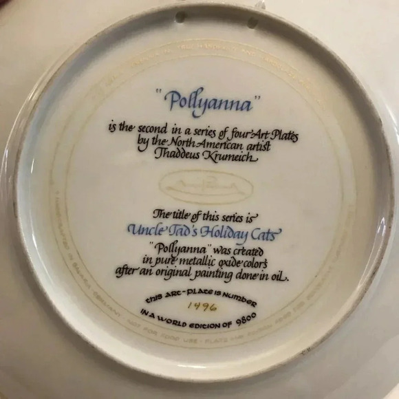 Anna Perenna Uncle Tad's Holiday Cats “Pollyanna” Thaddeus Krumeich Cat Plate - Picture 7 of 14